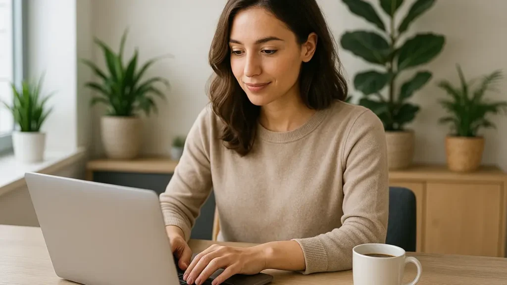 Donna lavora al computer da casa con tazza di caffè