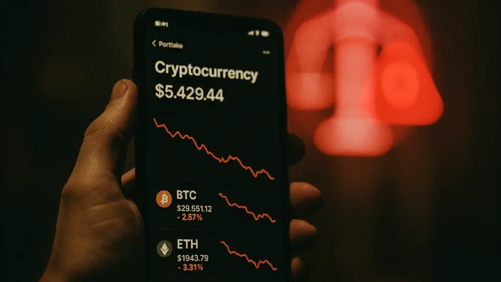 Grafico di criptovalute in calo su uno smartphone
