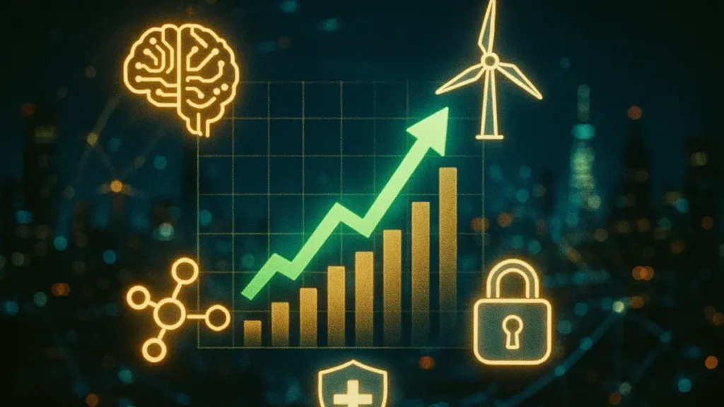 Grafico finanziario stilizzato con frecce verdi che puntano verso alto