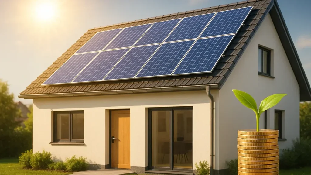 Immagine di una casa moderna con pannelli solari installati sul tetto