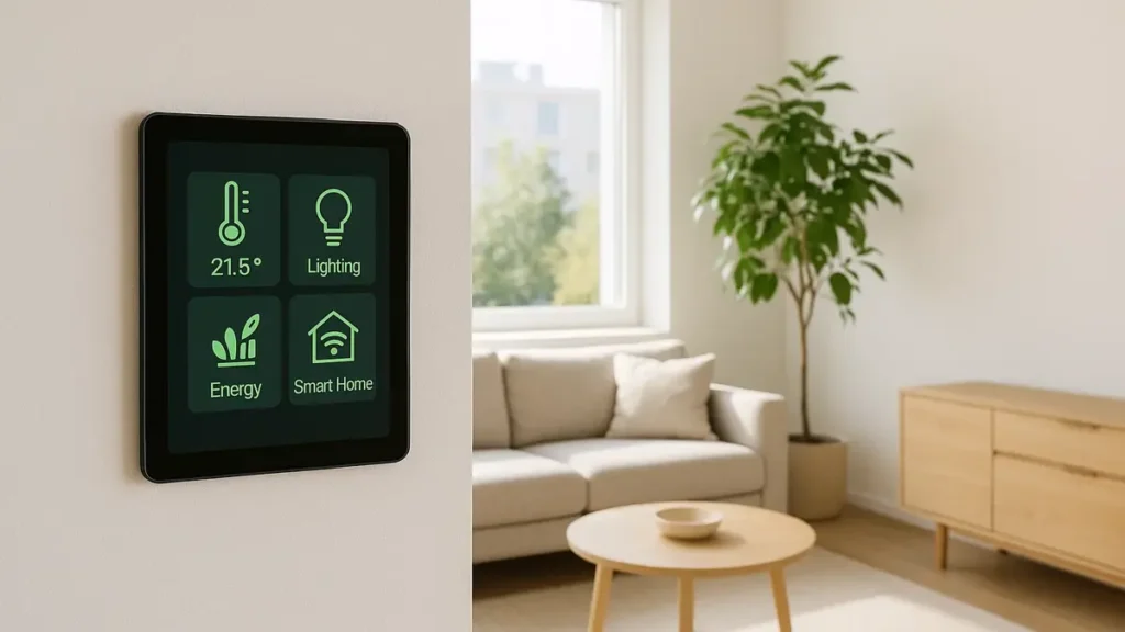 Interno di una casa moderna e luminosa con un tablet su un tavolino