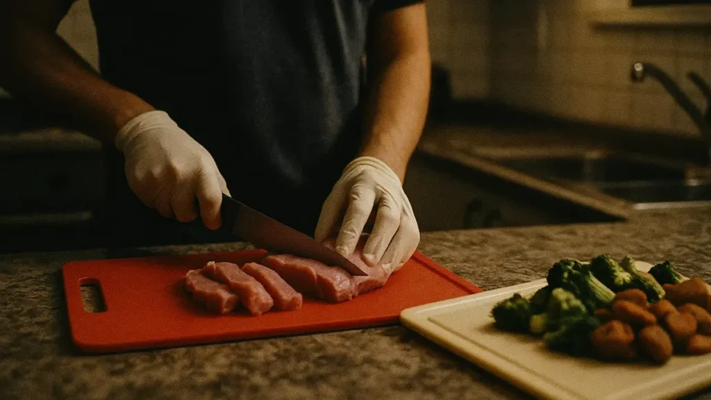 Mani che preparano cibo crudo su tagliere