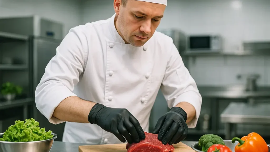 Mani con guanti igienici che preparano cibo fresco in un ambiente di cucina professionale