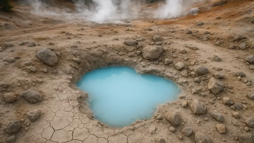 Nuova sorgente termale lattiginosa apparsa a Yellowstone nel 2025 con rocce e fango circostanti