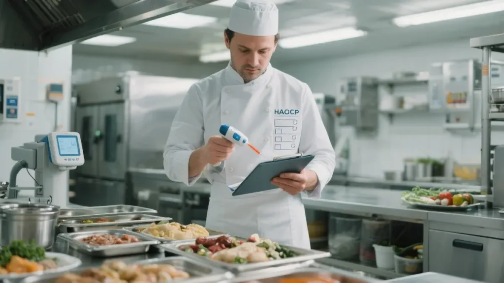 Operatore alimentare con guanti e termometro controlla la temperatura degli alimenti in una cucina