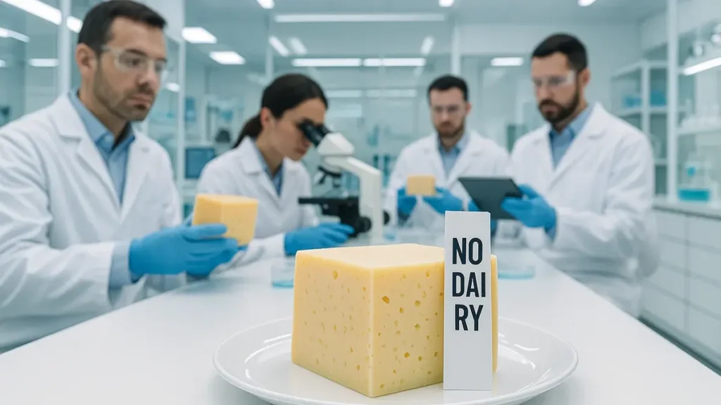 Ricercatore in laboratorio mentre testa la consistenza di un formaggio vegano prodotto con fermentazione di precisione