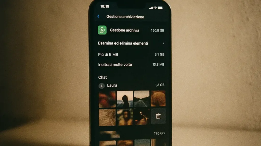 Schermata dell’app WhatsApp con la sezione Gestione archiviazione aperta su uno smartphone