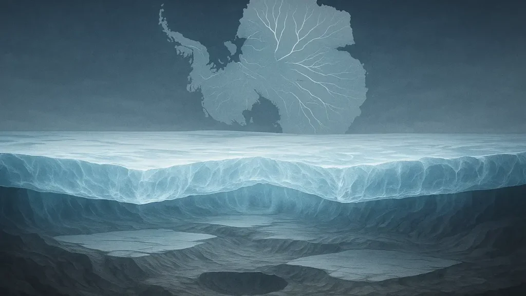 Sezione trasversale della calotta glaciale con indicazione del flusso del ghiaccio e delle superfici sottostanti
