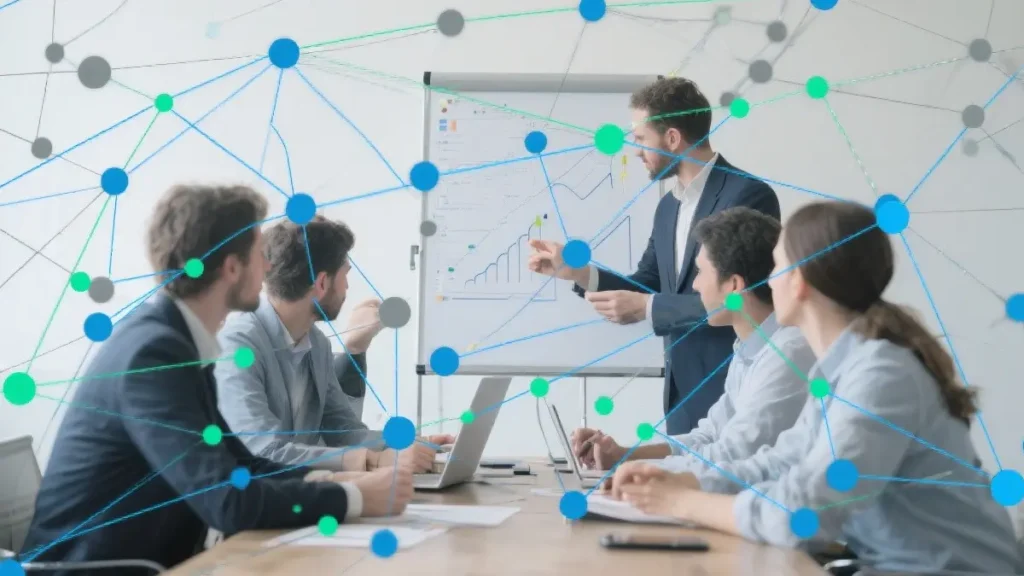 Un diagramma a rete complesso con nodi interconnessi e frecce che indicano flussi di lavoro