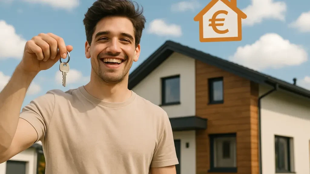 Un giovane sorridente e sollevato con le chiavi di casa in mano