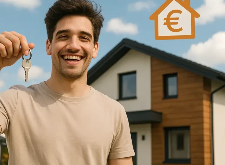 Un giovane sorridente e sollevato con le chiavi di casa in mano