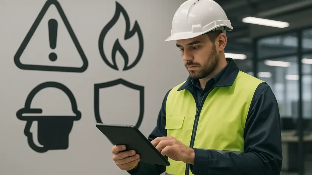 Un operatore con casco e giubbotto alta visibilità che consulta un tablet in un ambiente lavorativo moderno