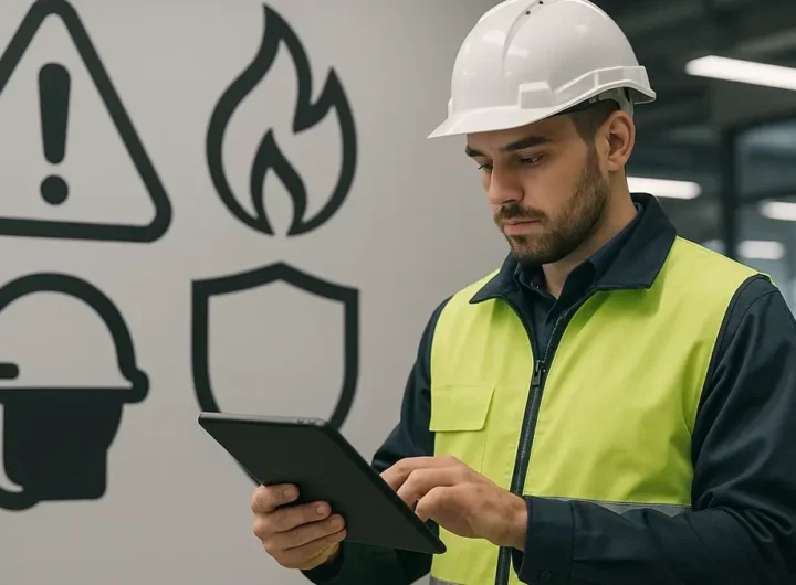 Un operatore con casco e giubbotto alta visibilità che consulta un tablet in un ambiente lavorativo moderno