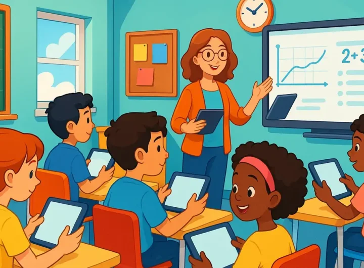 Una classe moderna con studenti che usano tablet e lavagne interattive