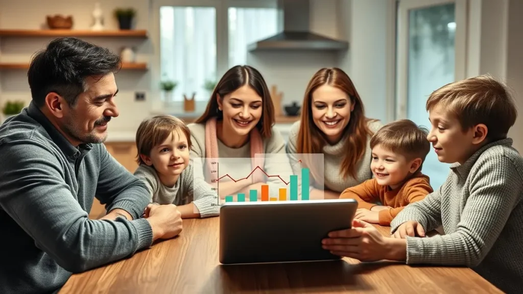 Una famiglia (genitori e bambini) sorridente seduta al tavolo di casa