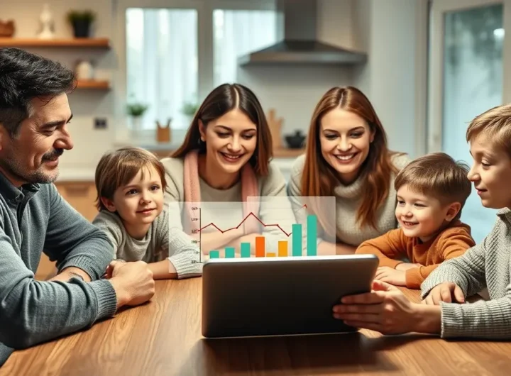 Una famiglia (genitori e bambini) sorridente seduta al tavolo di casa