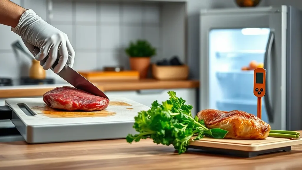 Una mano con guanto monouso che taglia carne cruda su un tagliere