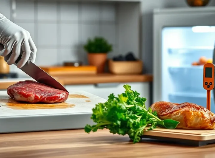 Una mano con guanto monouso che taglia carne cruda su un tagliere