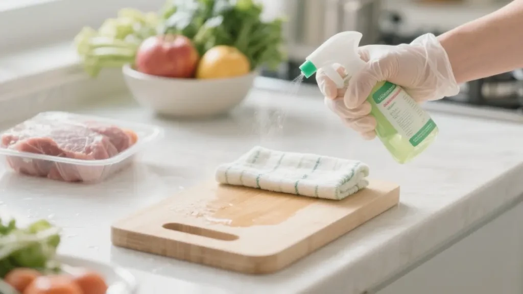 Una mano guantata che pulisce un tagliere da cucina con un disinfettante
