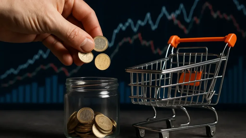 Una mano tiene una manciata di monete euro che cadono