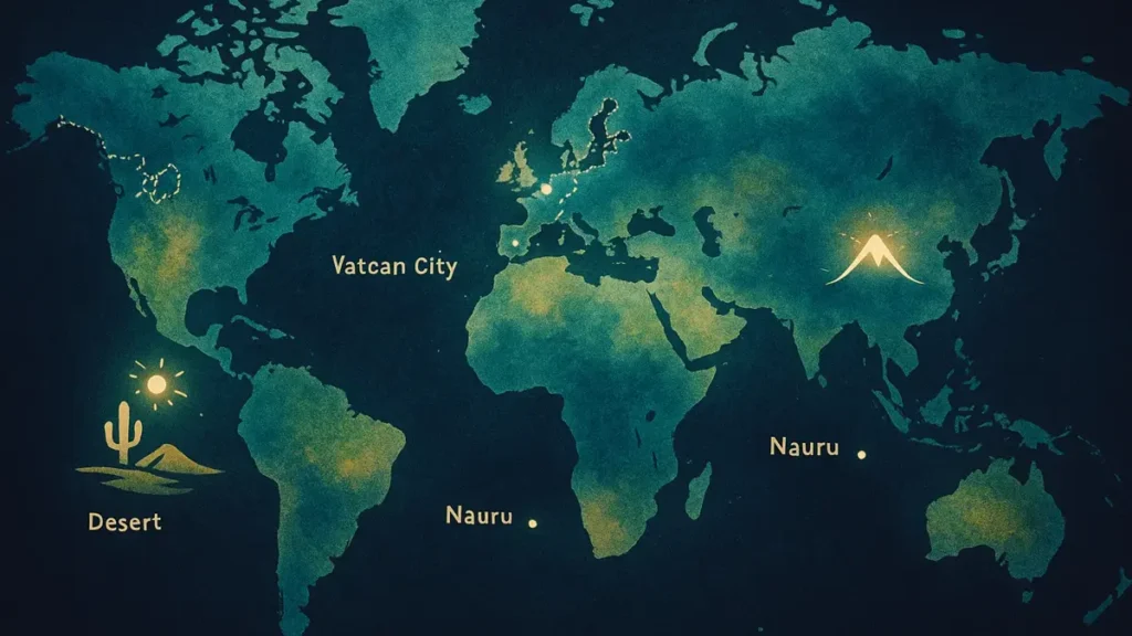 Una mappa stilizzata del mondo con punti di interesse luminosi che evidenziano luoghi curiosi e confini complessi