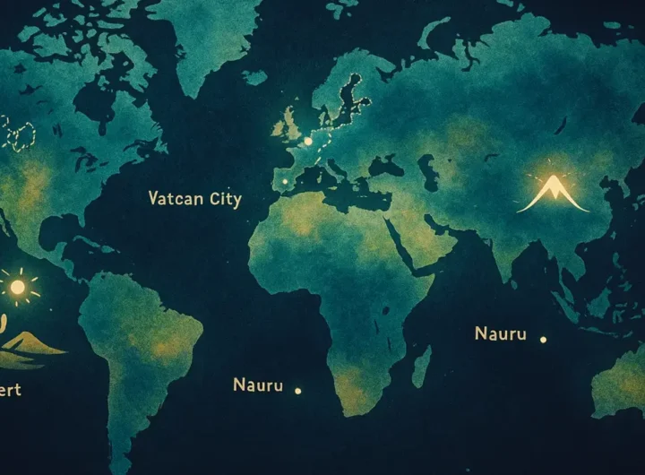 Una mappa stilizzata del mondo con punti di interesse luminosi che evidenziano luoghi curiosi e confini complessi