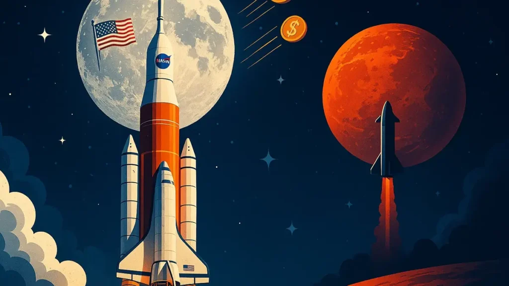 Una rappresentazione artistica che mostra il simbolo della NASA con un razzo SLS