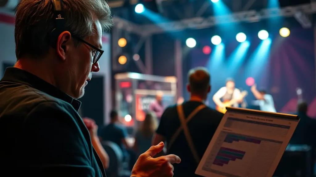 Un'immagine che mostra un tour manager multitasking in un backstage affollato