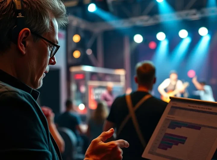 Un'immagine che mostra un tour manager multitasking in un backstage affollato