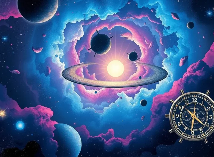 Un'immagine composita e surreale dello spazio, che include una nebulosa colorata