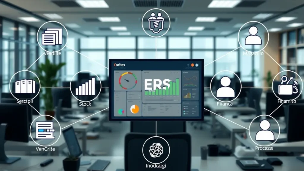 Un'interfaccia utente di un software ERP moderno che mostra dashboard con grafici e dati interconnessi