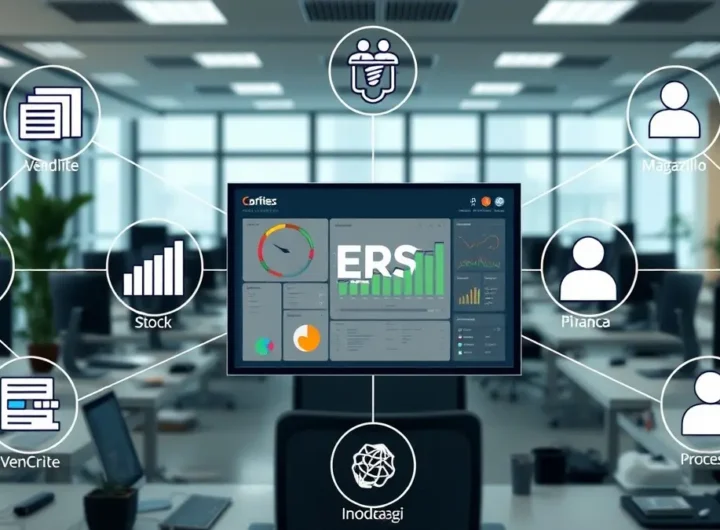 Un'interfaccia utente di un software ERP moderno che mostra dashboard con grafici e dati interconnessi