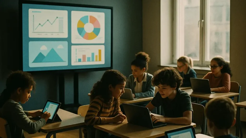aula scolastica moderna con studenti che usano tablet e lavagne interattive