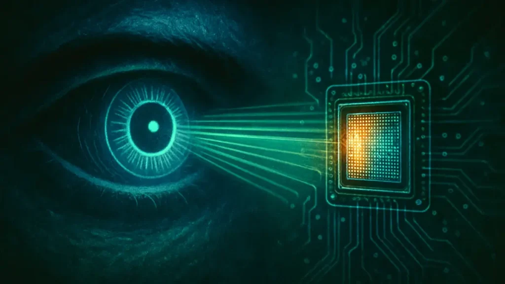 illustrazione stilizzata che mostra una connessione tra un occhio umano e un sensore digitale avanzato