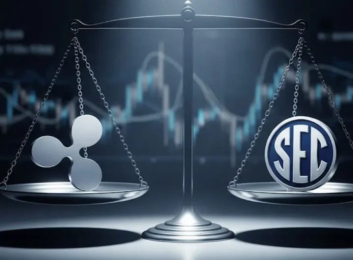 Bilancia della giustizia con il logo di Ripple XRP da un lato e quello della SEC