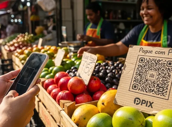 Cliente paga la spesa con lo smartphone inquadrando un codice QR PIX esposto su una bancarella del mercato in Brasile