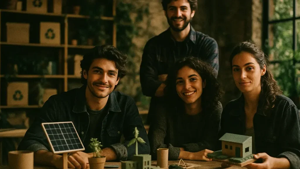 Gruppo di giovani in laboratorio che trasforma rifiuti in nuovi prodotti sostenibili