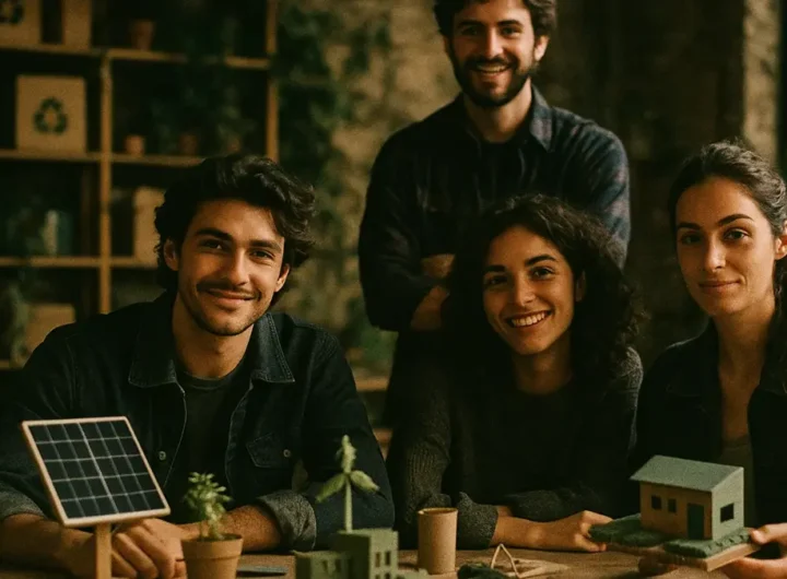 Gruppo di giovani in laboratorio che trasforma rifiuti in nuovi prodotti sostenibili