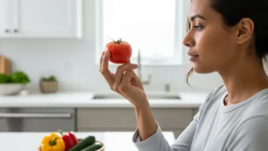 La foto mostra una persona in una cucina moderna e pulita che ispeziona attentamente un pomodoro fresco
