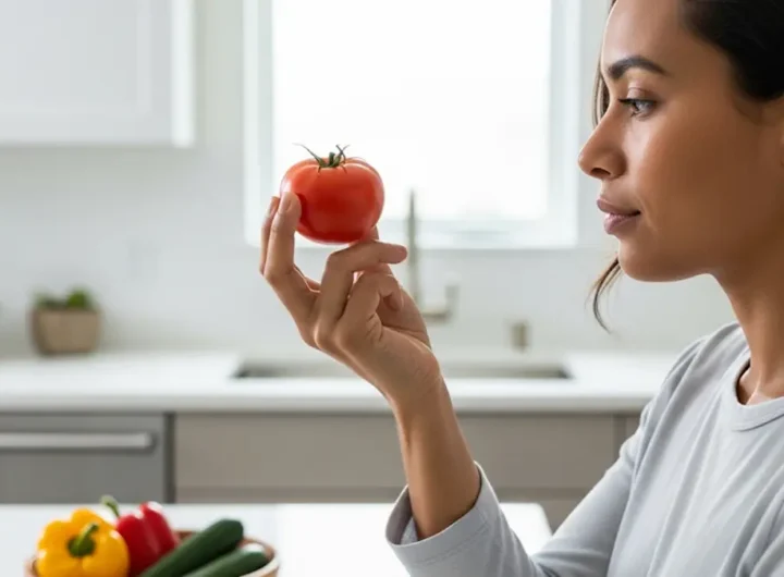 La foto mostra una persona in una cucina moderna e pulita che ispeziona attentamente un pomodoro fresco