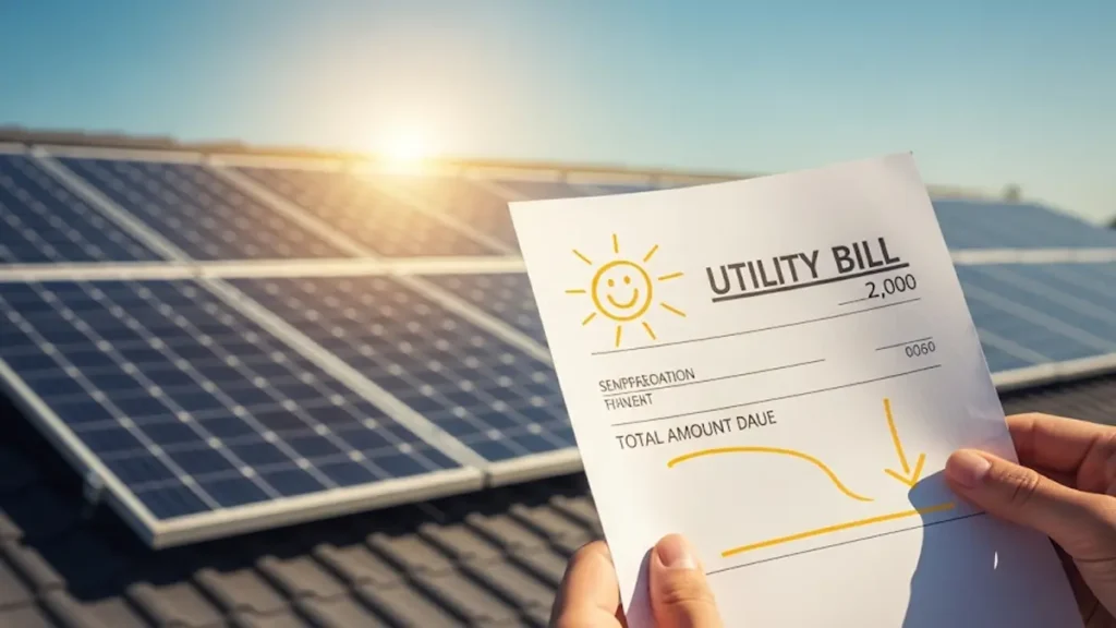 Persona sorridente che controlla una bolletta della luce con un pannello solare sullo sfondo