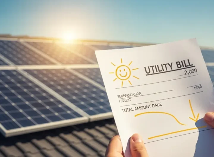 Persona sorridente che controlla una bolletta della luce con un pannello solare sullo sfondo