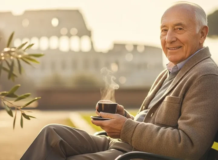 Un anziano sorridente, seduto su una panchina in un parco soleggiato, tiene in mano una tazza di caffè