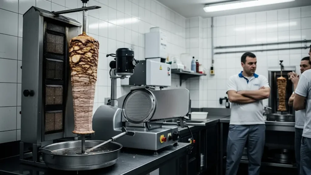 Un grande spiedo di kebab che gira lentamente