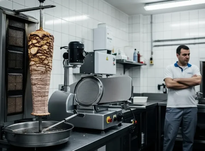 Un grande spiedo di kebab che gira lentamente