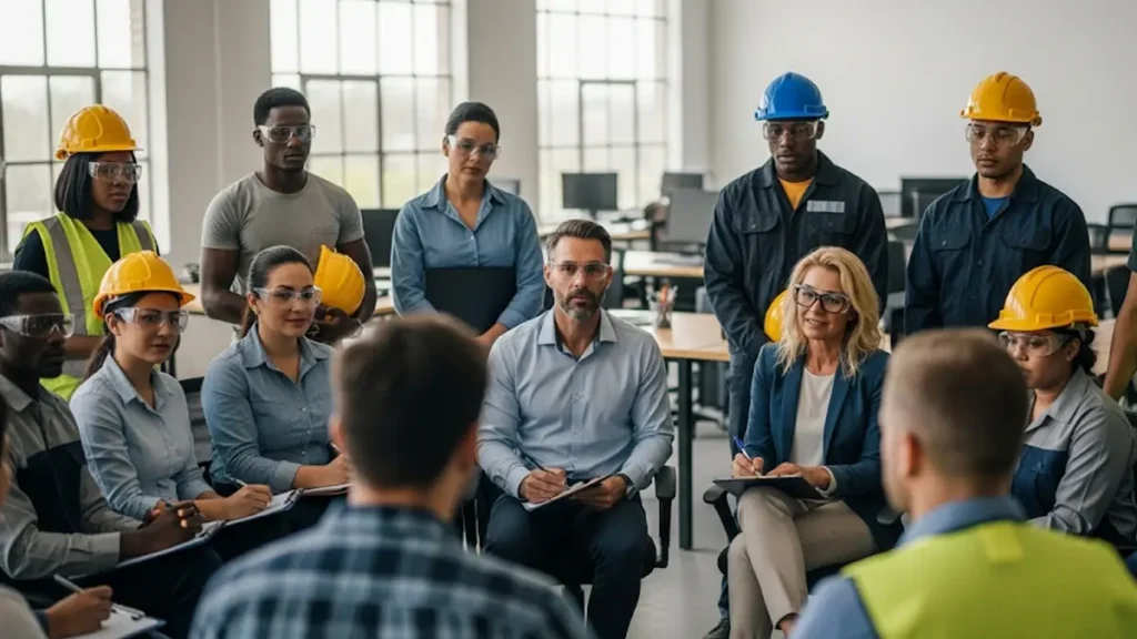 Un gruppo di lavoratori in abbigliamento da lavoro e caschetti protettivi