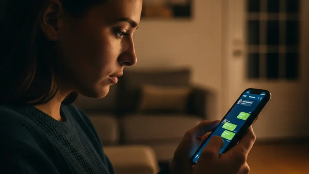 Una persona di profilo in un ambiente domestico caldo e accogliente guarda uno schermo di smartphone luminoso