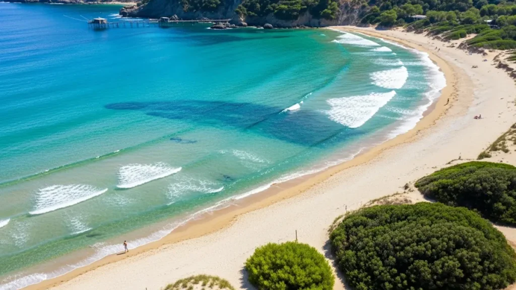 Una veduta aerea di una spiaggia poco affollata del Cilento o della Costa dei Trabocchi