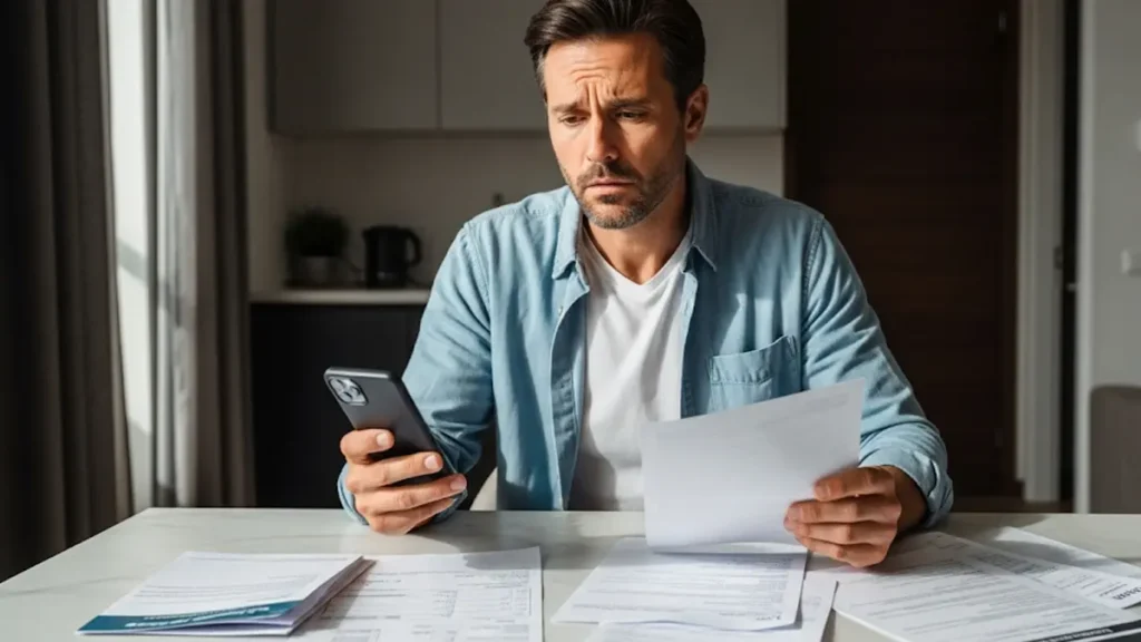 Uomo frustrato al telefono guarda pile di documenti e conti del condominio