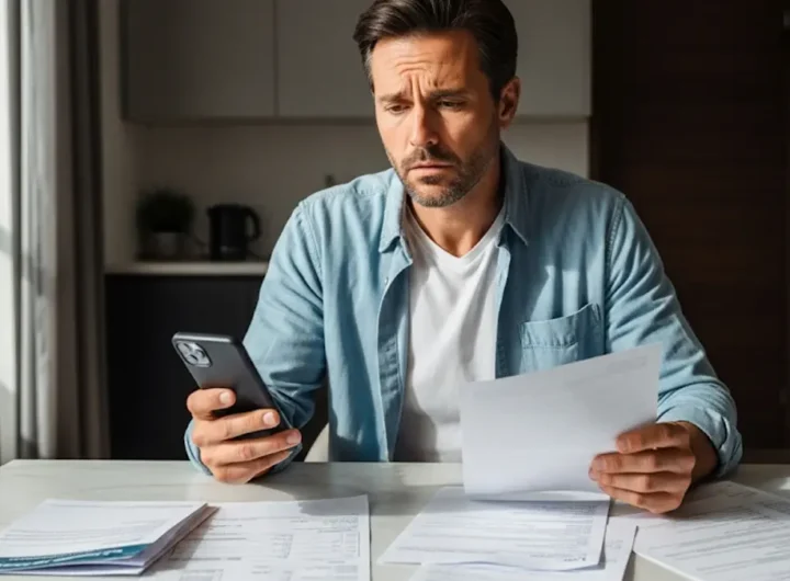Uomo frustrato al telefono guarda pile di documenti e conti del condominio